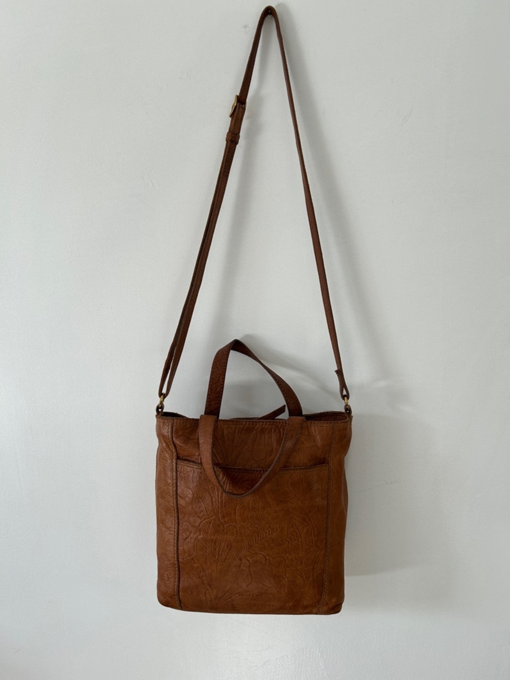 Margot Crossbody Bag Embossed Floral Leather in Cognac Brown - Picture 2 of 16